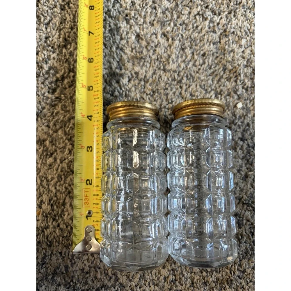 Vintage Hazel Atlas Salt Pepper Shakers Clear Glass Cube Block Gold Lids